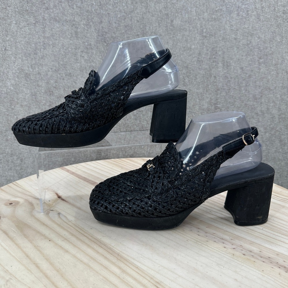 Aerosoles Santiago Heeled Loafers Women 10 Black Woven Raffia Slingback Platform
